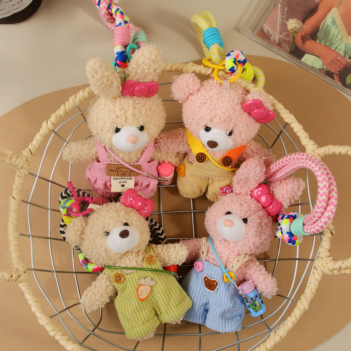 Beaded Strap Bear And Bunny Plush Keychain - Beige-B - 1