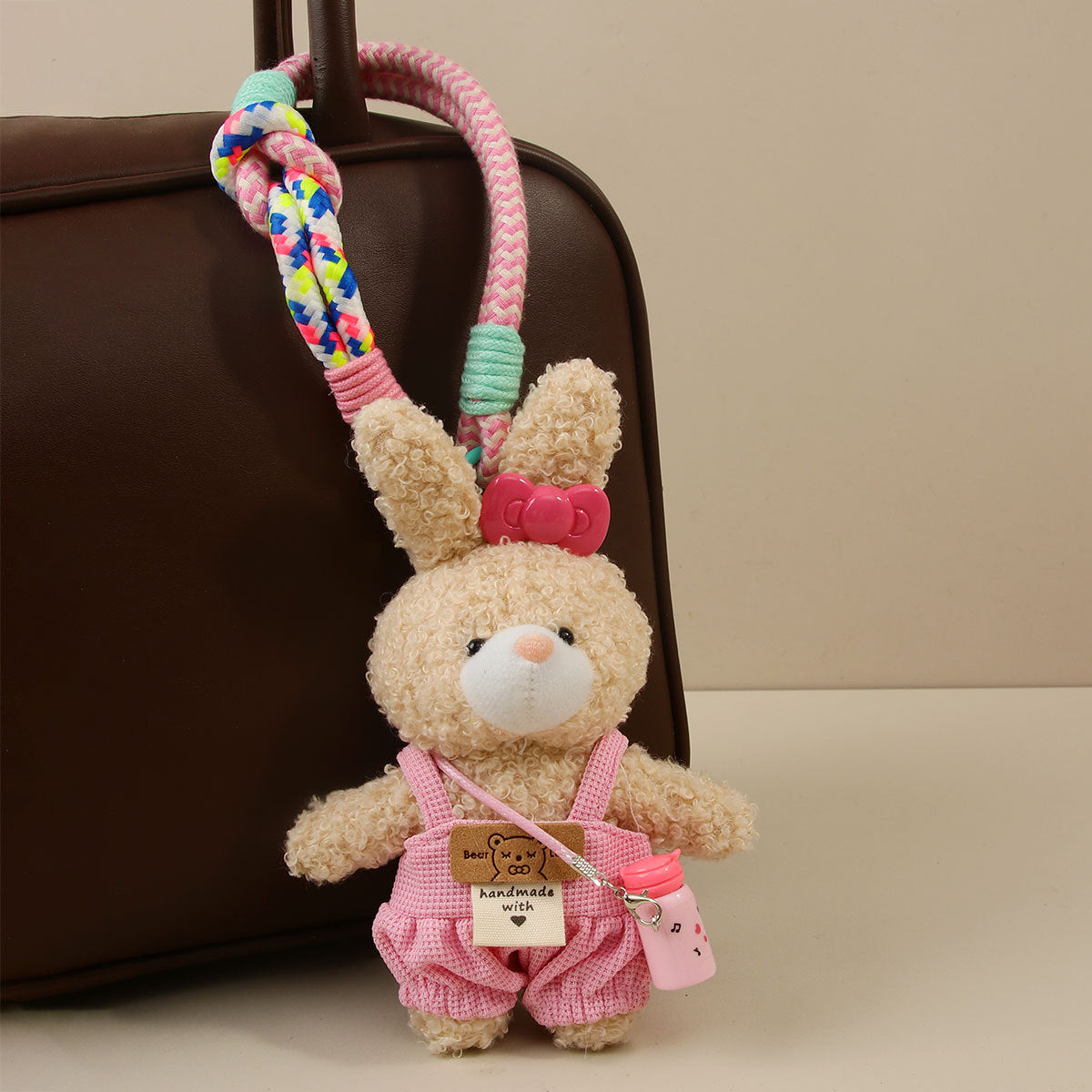 Beaded Strap Bear And Bunny Plush Keychain - Beige-R