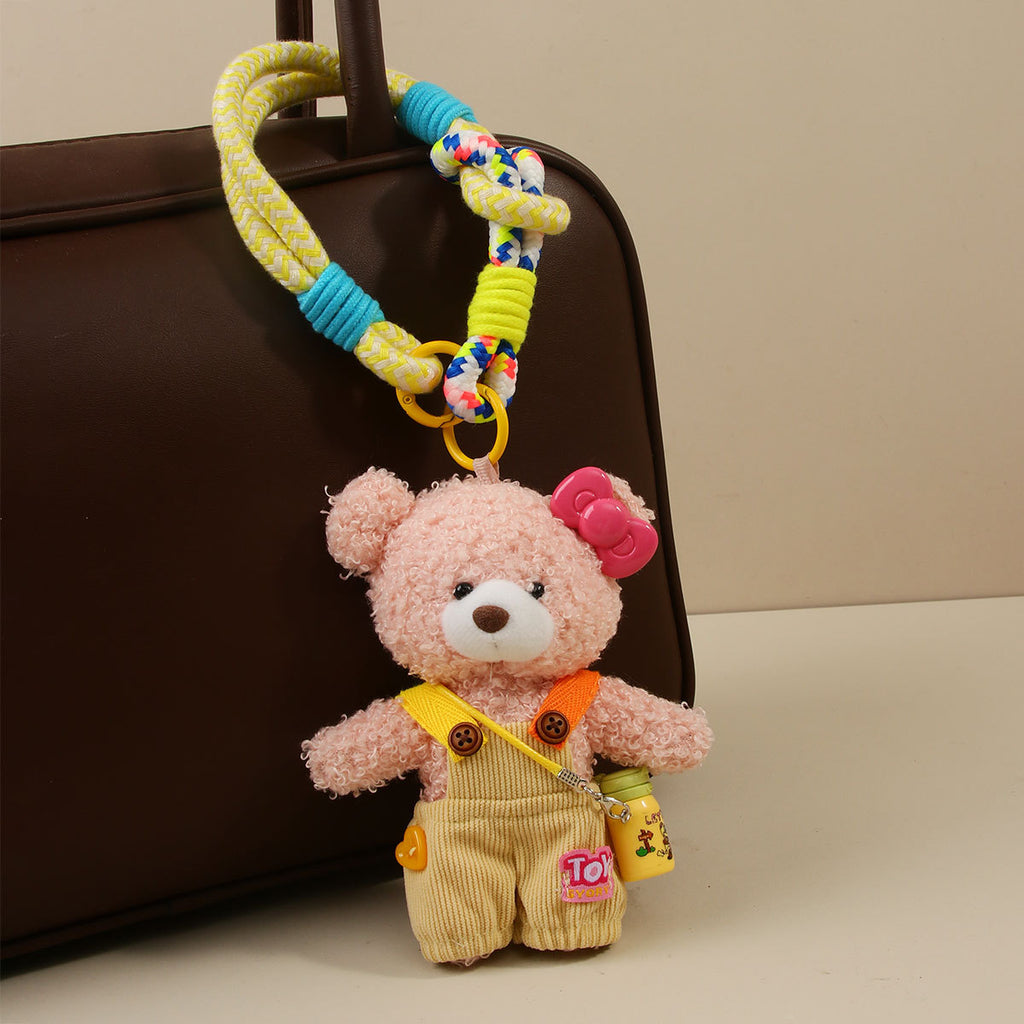 Beaded Strap Bear And Bunny Plush Keychain - Pink-B