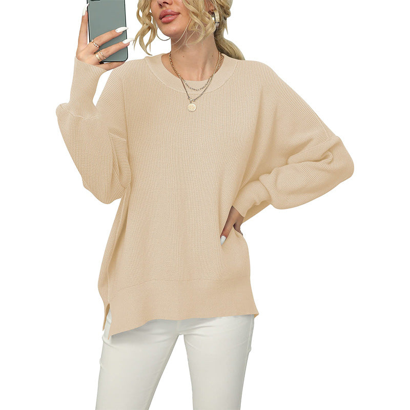 Crewneck Lantern Sleeve Split Hem Knit Sweater - Apricot