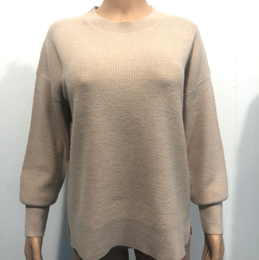 Crewneck Lantern Sleeve Split Hem Knit Sweater - Apricot - 1