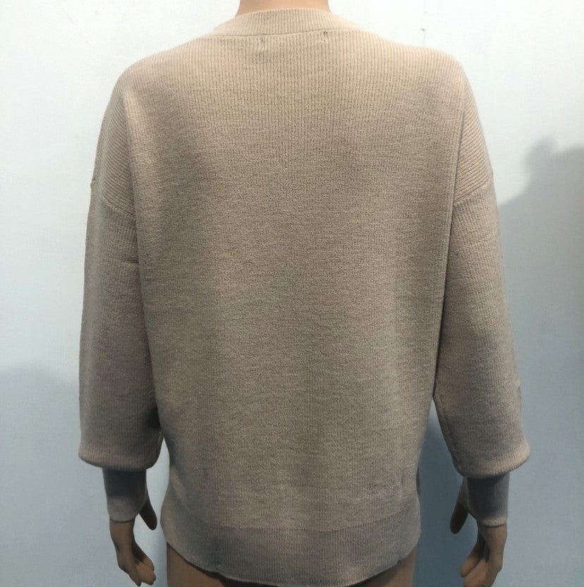 Crewneck Lantern Sleeve Split Hem Knit Sweater - Apricot - 2