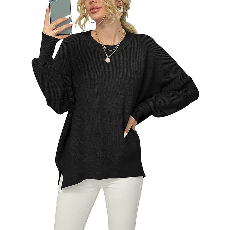 Crewneck Lantern Sleeve Split Hem Knit Sweater - Black