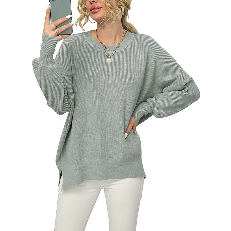 Crewneck Lantern Sleeve Split Hem Knit Sweater - Grey