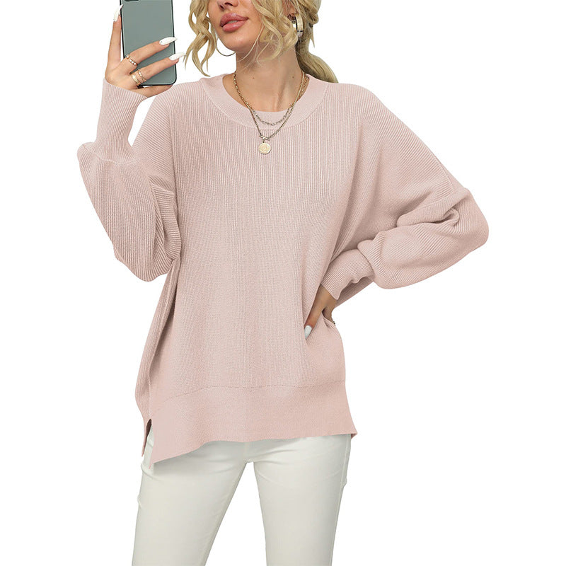 Crewneck Lantern Sleeve Split Hem Knit Sweater - Pink