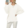 Crewneck Lantern Sleeve Split Hem Knit Sweater - White