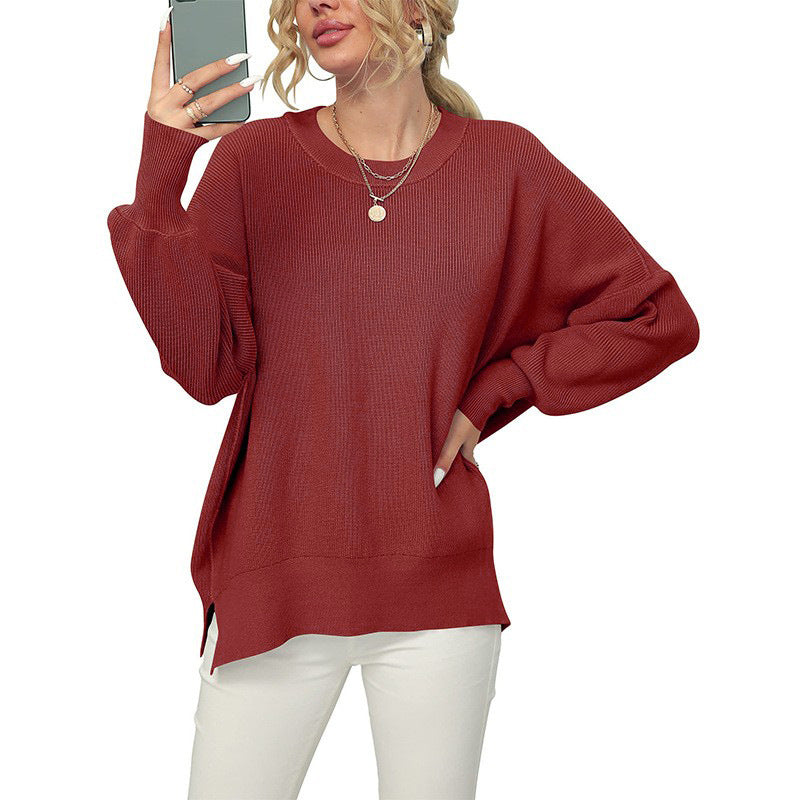 Crewneck Lantern Sleeve Split Hem Knit Sweater - WineRed