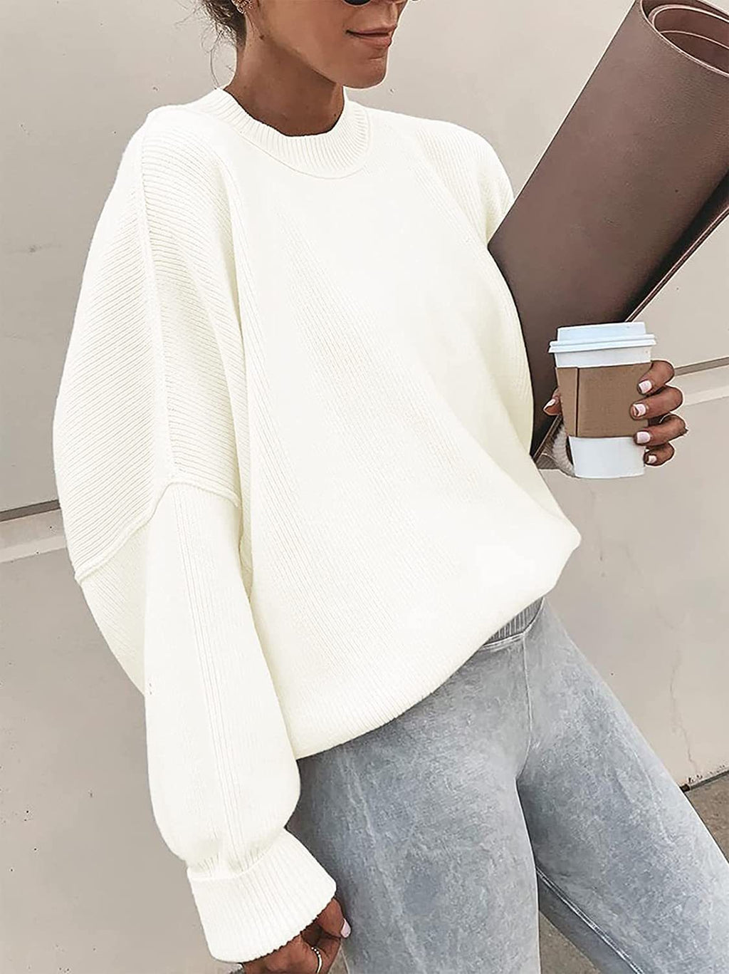 Crewneck Lantern Sleeve Split Hem Knit Sweater - view 1