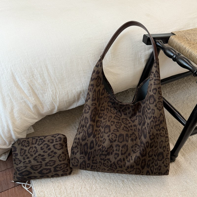 Leopard Print Faux Suede Hobo Bag with Pouch - Olive Leopard