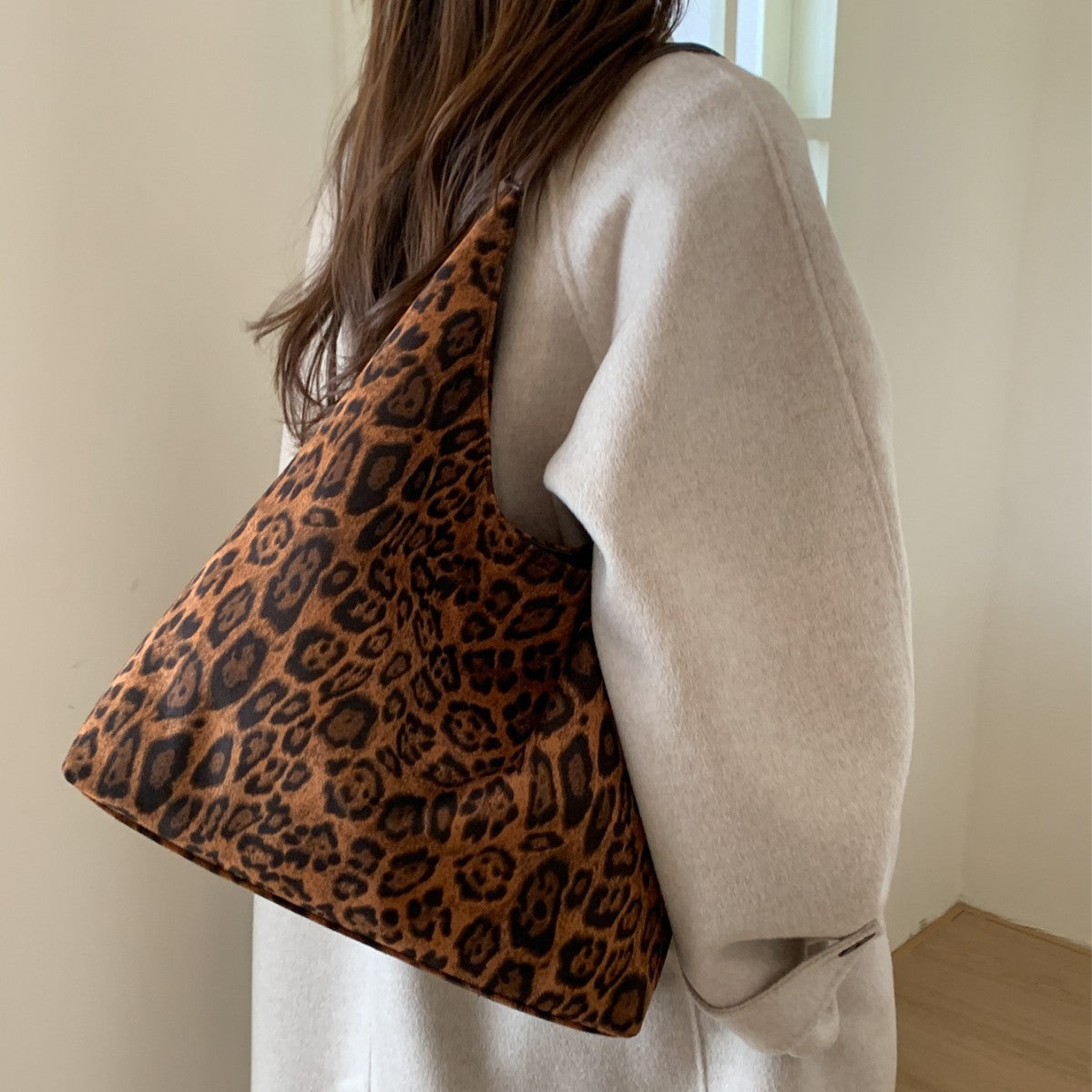 Leopard Print Faux Suede Hobo Bag with Pouch