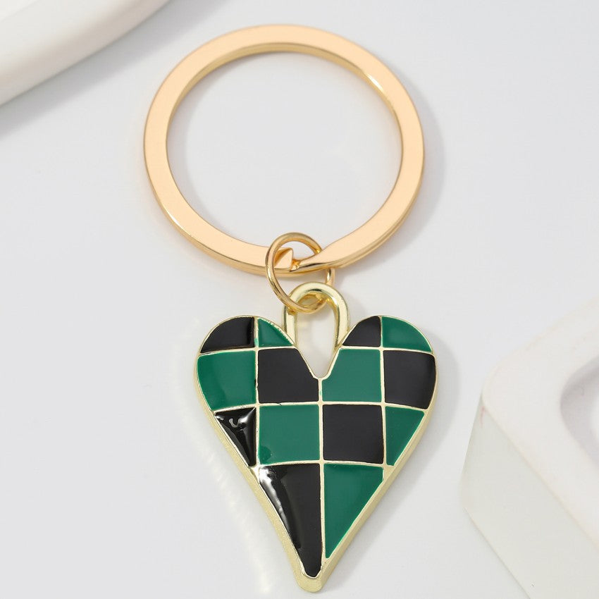 Enamel Checkerboard Heart Keychain Charm - Green