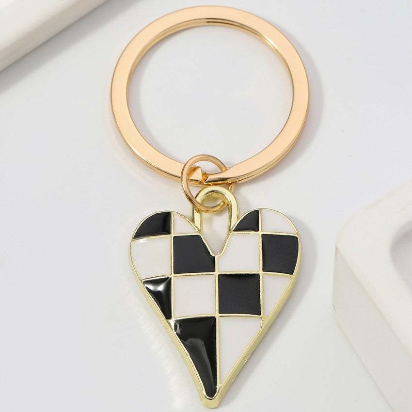Enamel Checkerboard Heart Keychain Charm - White