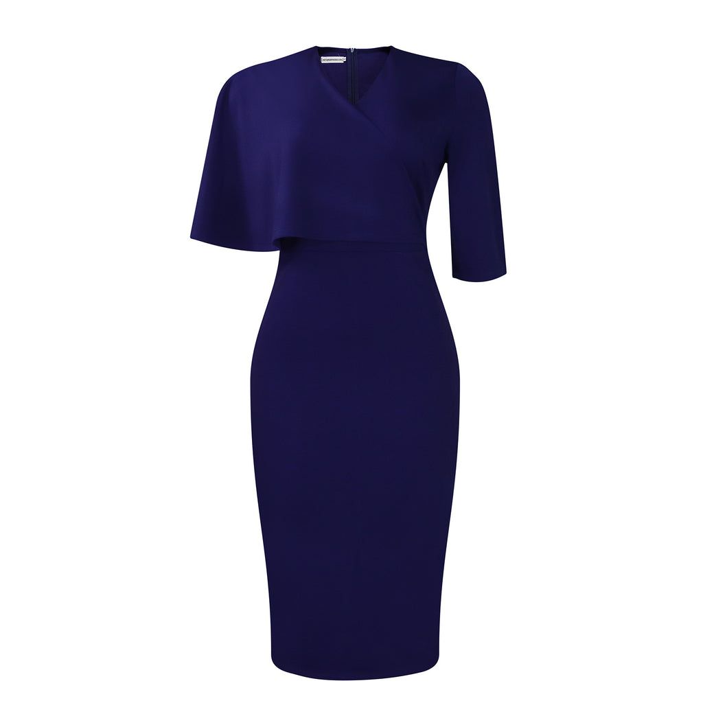Cape Overlay V Neck Bodycon Midi Dress - Blue