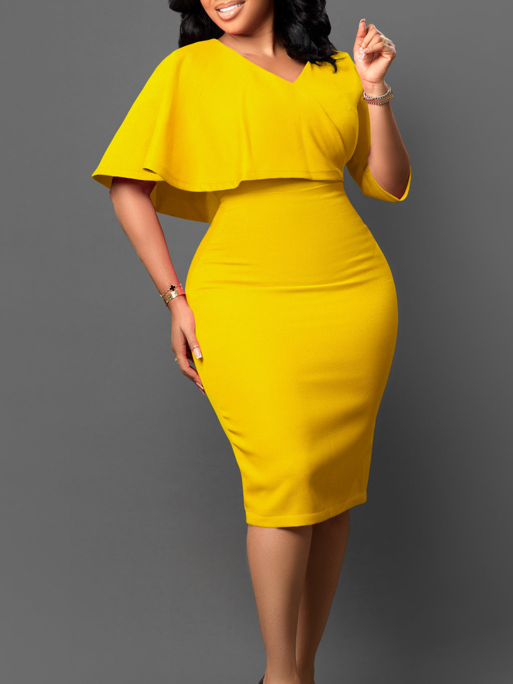 Cape Overlay V Neck Bodycon Midi Dress - Yellow