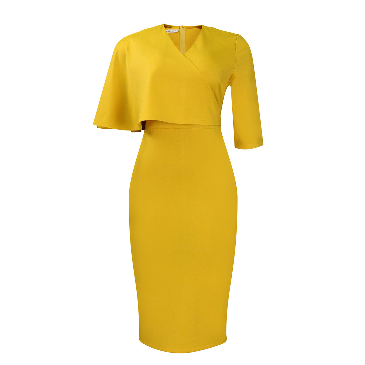 Cape Overlay V Neck Bodycon Midi Dress - Yellow - 1