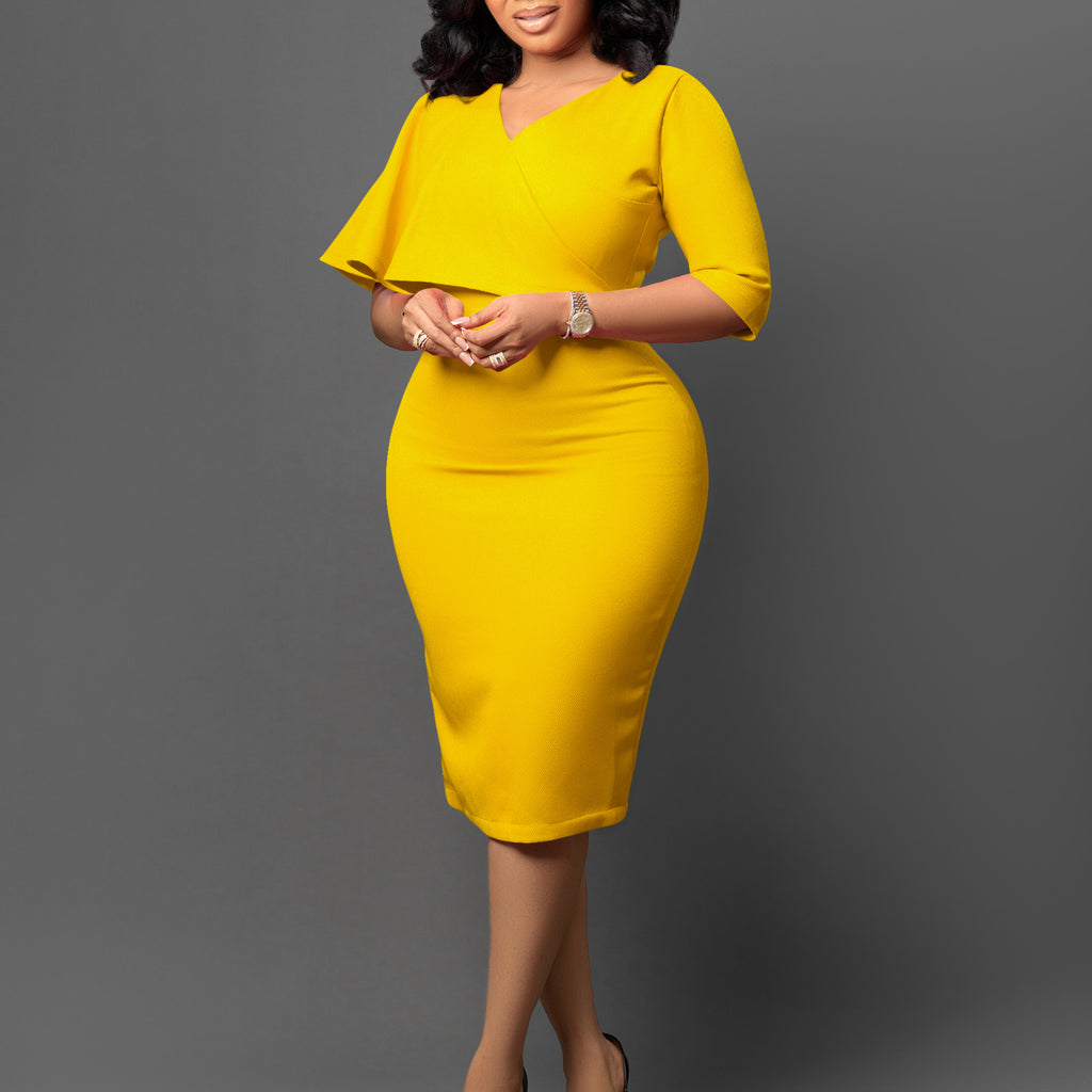 Cape Overlay V Neck Bodycon Midi Dress - Yellow - 3