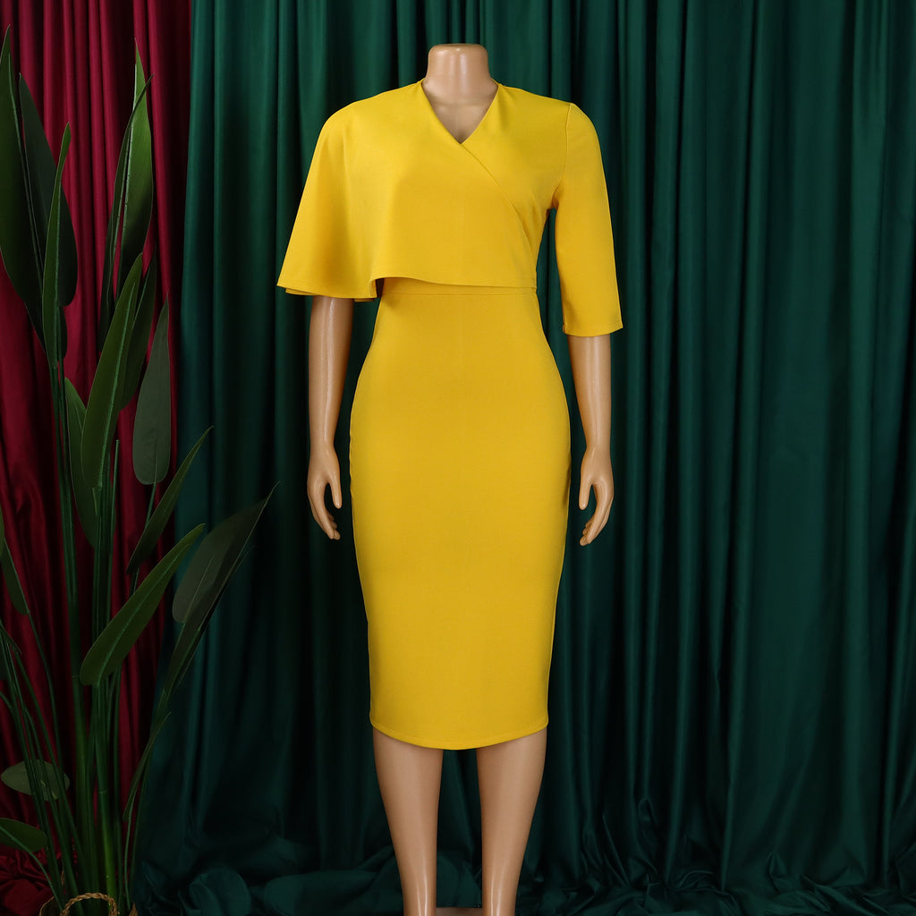 Cape Overlay V Neck Bodycon Midi Dress - Yellow - 4