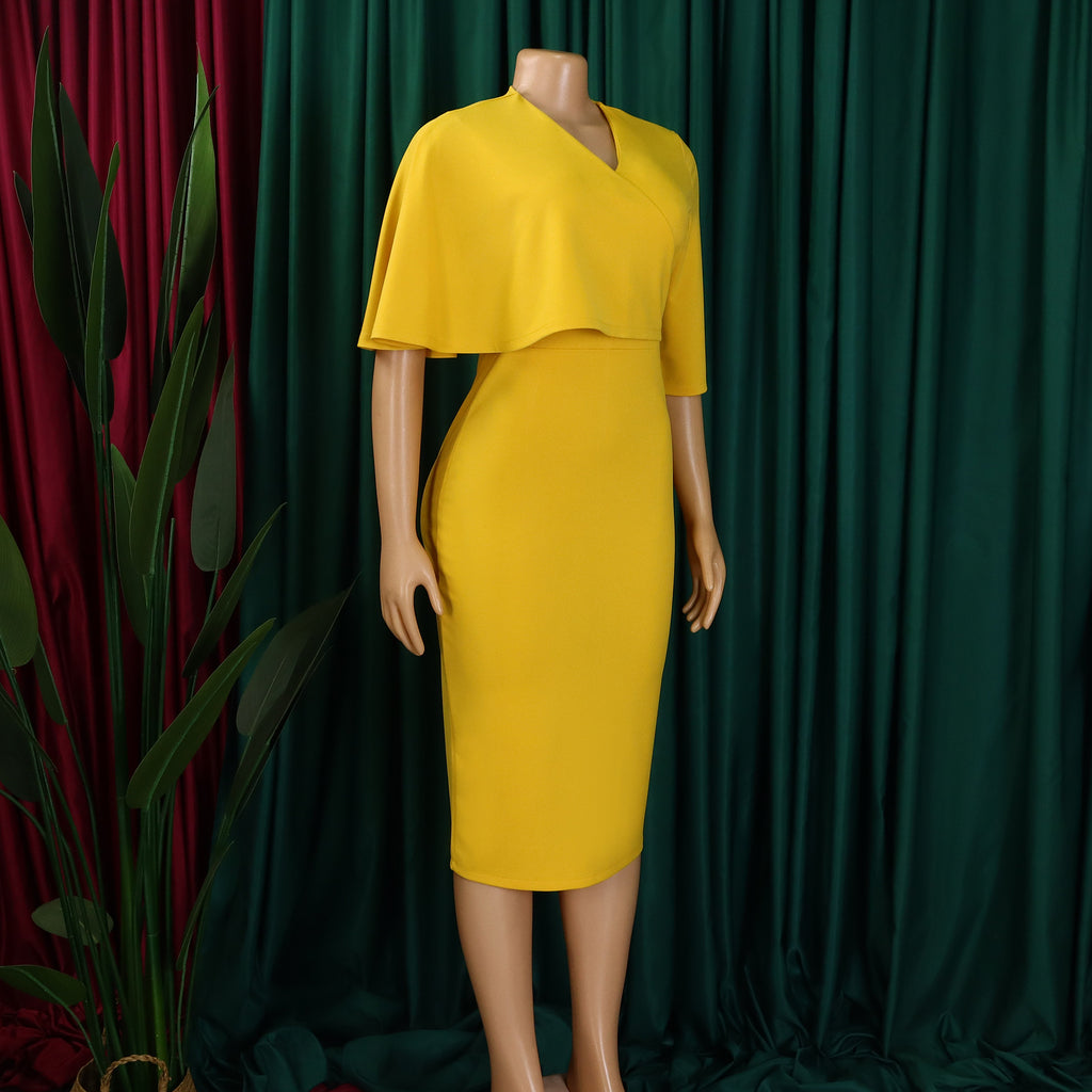 Cape Overlay V Neck Bodycon Midi Dress - Yellow - 5