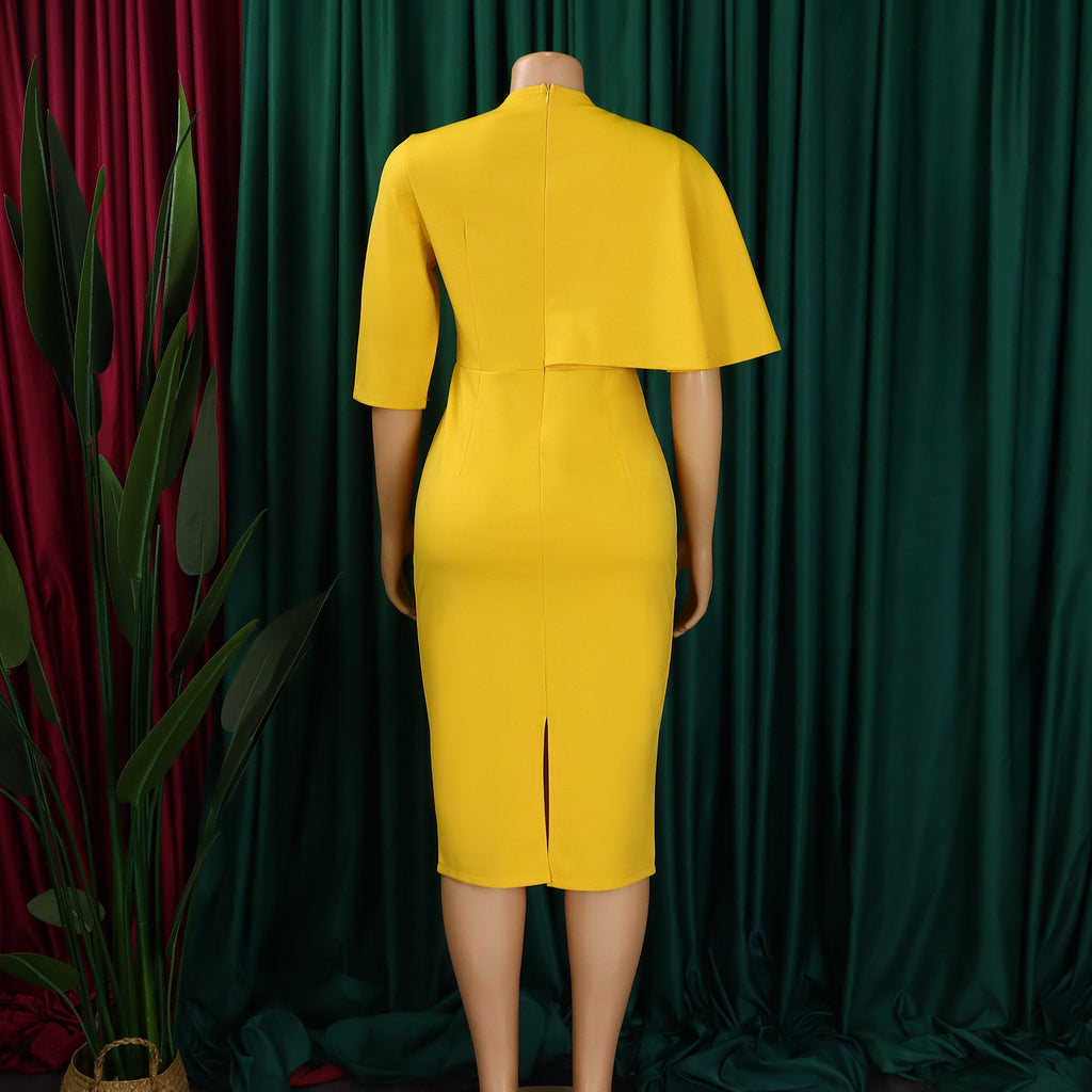 Cape Overlay V Neck Bodycon Midi Dress - Yellow - 6