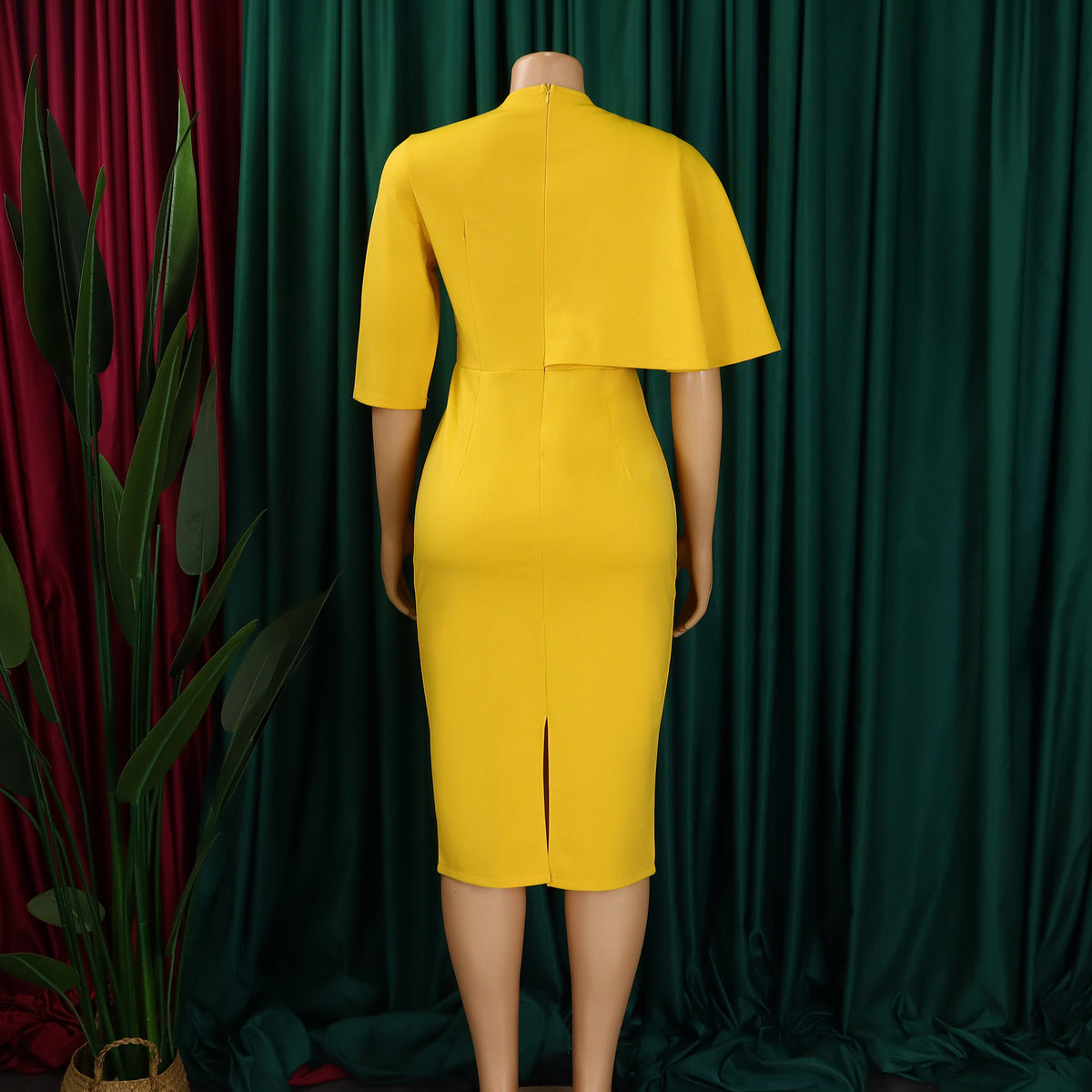 Cape Overlay V Neck Bodycon Midi Dress - Yellow - 6
