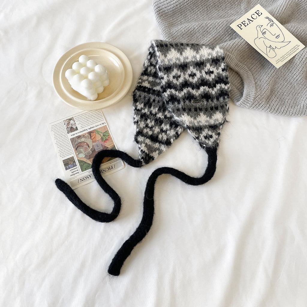Fair Isle Knit Tie-Up Ear Warmer - Black