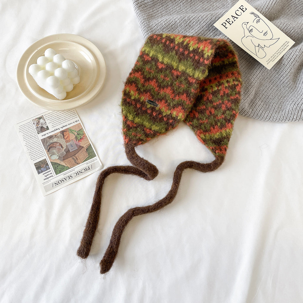 Fair Isle Knit Tie-Up Ear Warmer - Coffee
