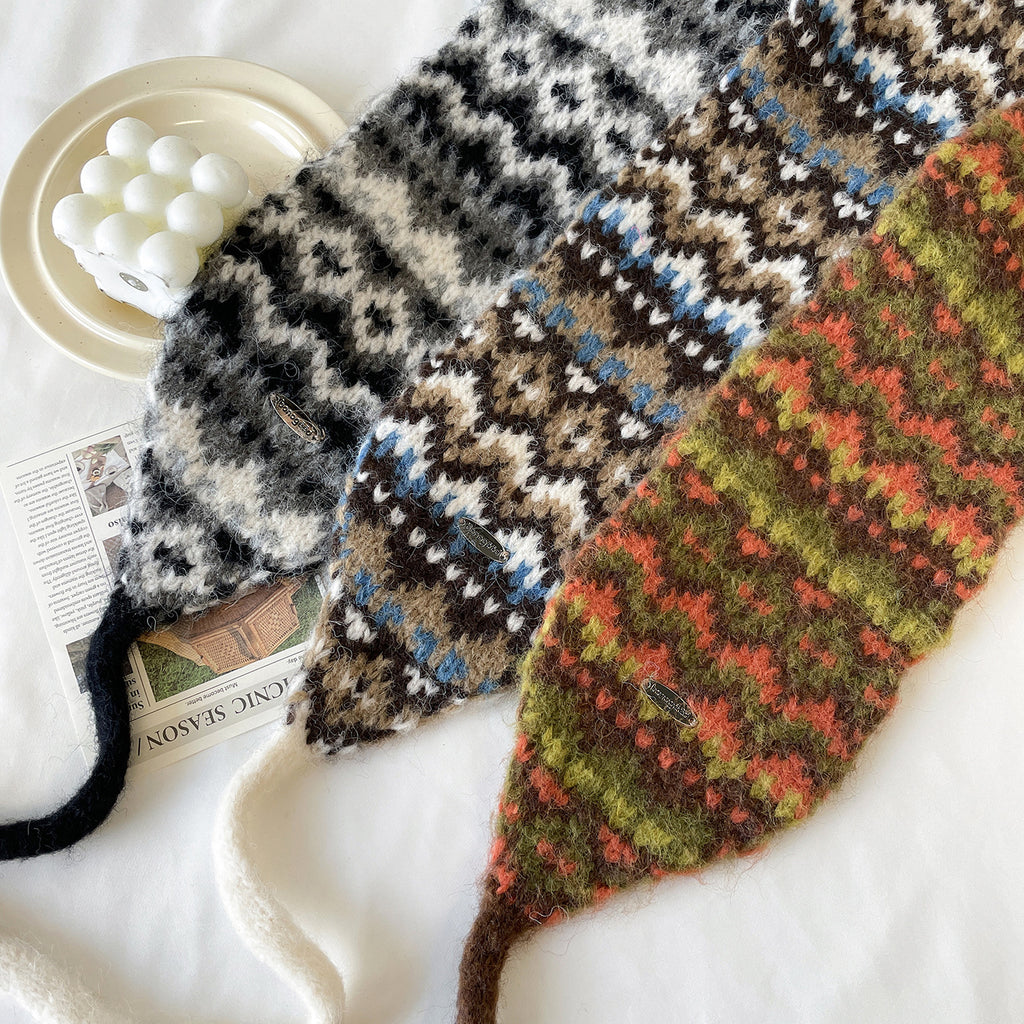 Fair Isle Knit Tie-Up Ear Warmer - Coffee - 1