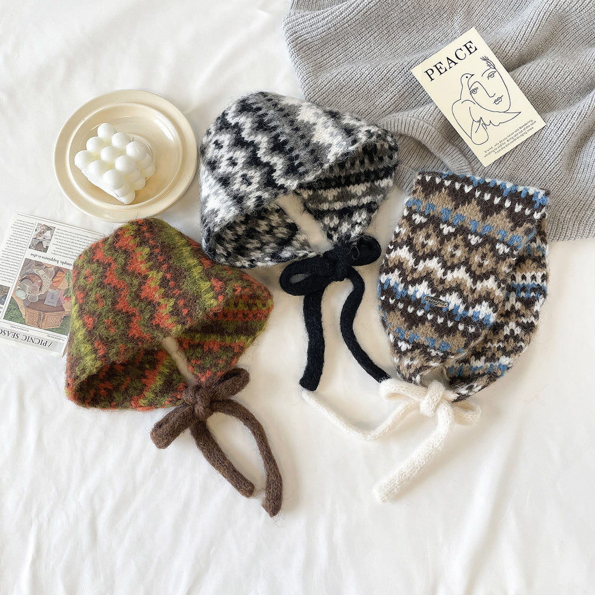 Fair Isle Knit Tie-Up Ear Warmer - Coffee - 2