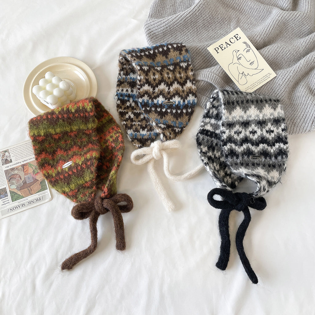 Fair Isle Knit Tie-Up Ear Warmer - Coffee - 3