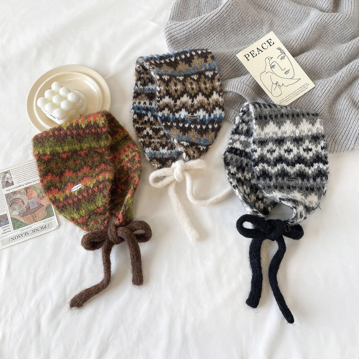 Fair Isle Knit Tie-Up Ear Warmer - Coffee - 3