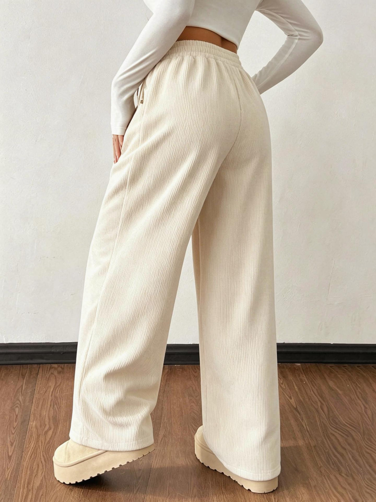 High Waist Corduroy Wide Leg Trousers - Apricot