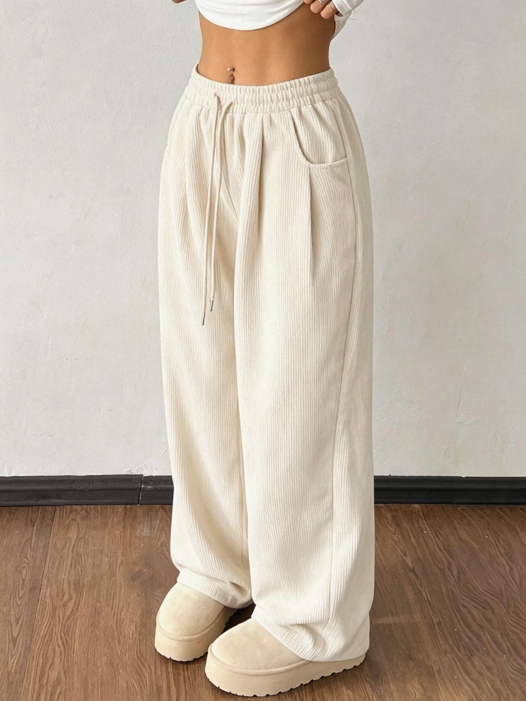 High Waist Corduroy Wide Leg Trousers - Apricot - 2