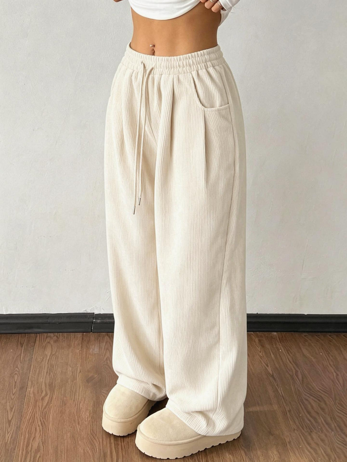 High Waist Corduroy Wide Leg Trousers - Apricot - 2