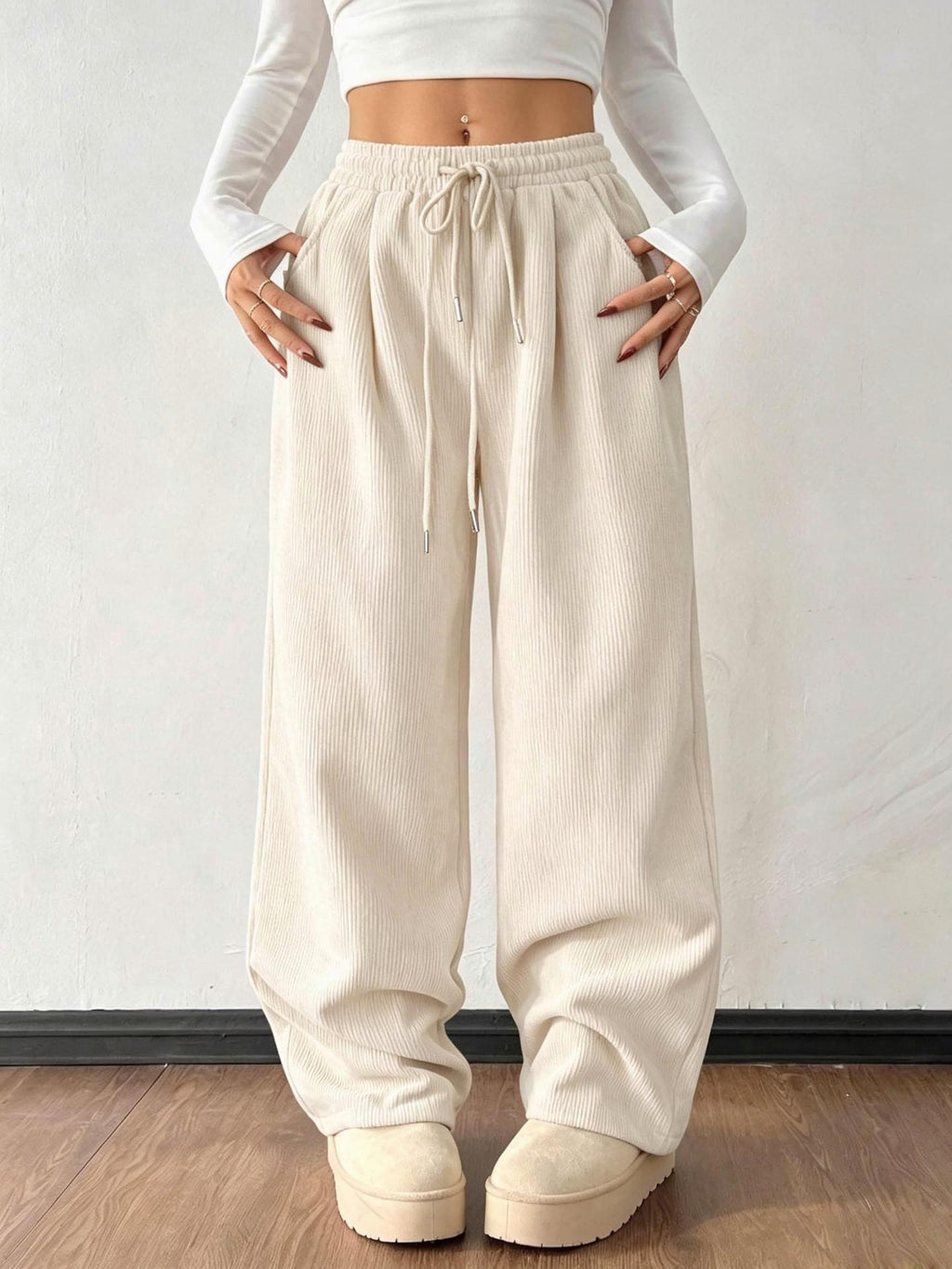 High Waist Corduroy Wide Leg Trousers - Apricot - 3