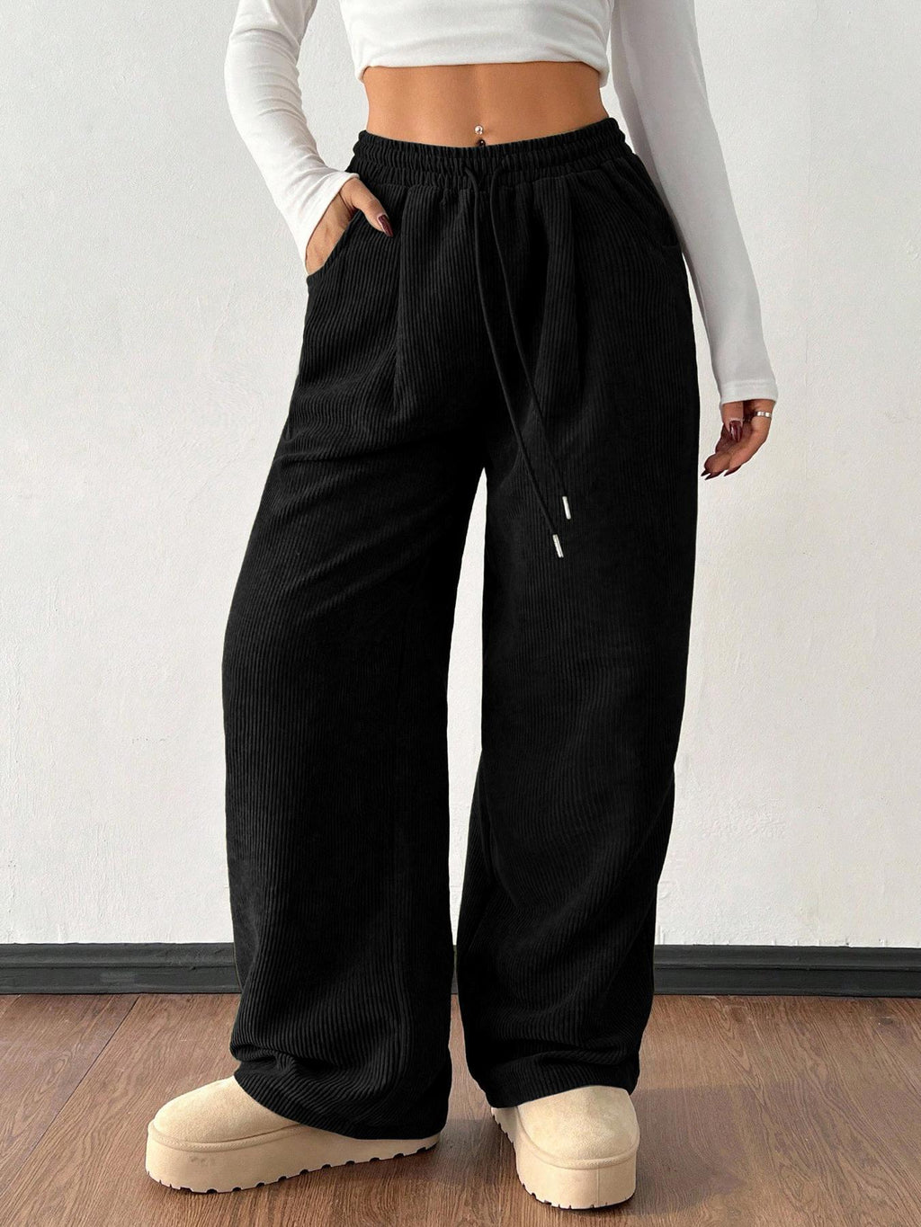 High Waist Corduroy Wide Leg Trousers - Black - 1