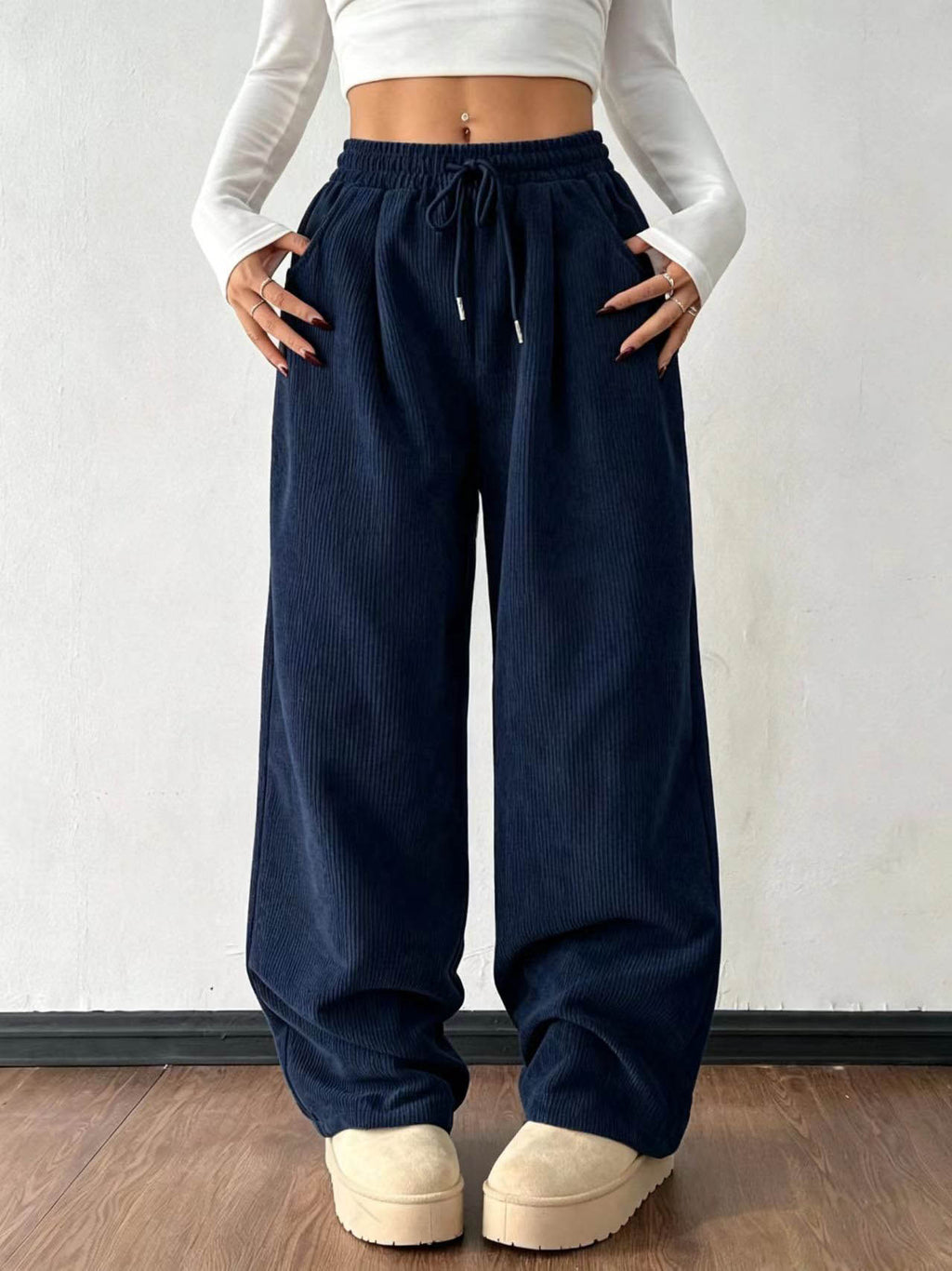 High Waist Corduroy Wide Leg Trousers - Blue