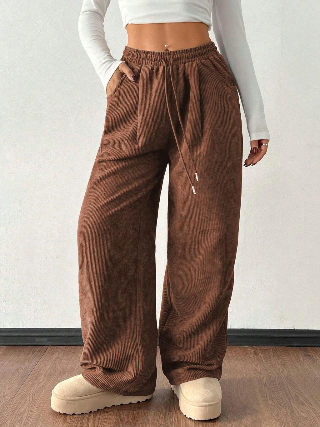 High Waist Corduroy Wide Leg Trousers - Brown - 1