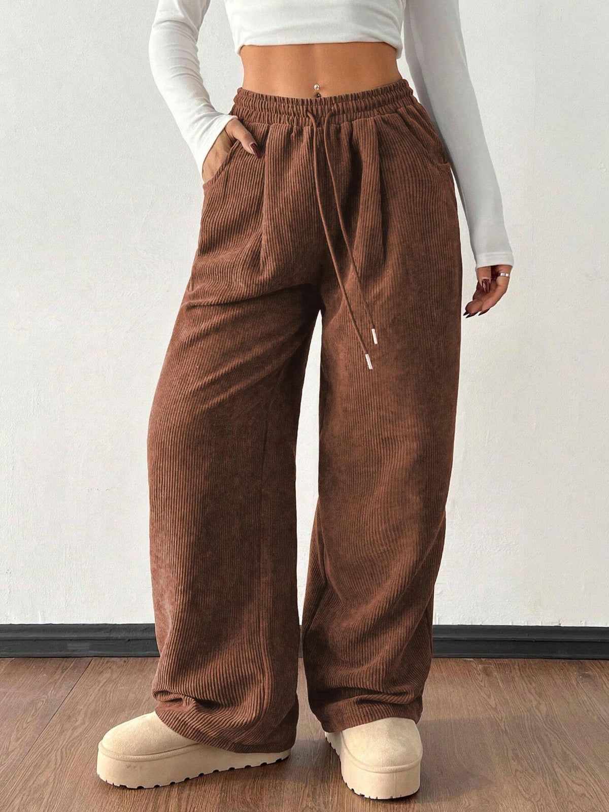 High Waist Corduroy Wide Leg Trousers - Brown - 1