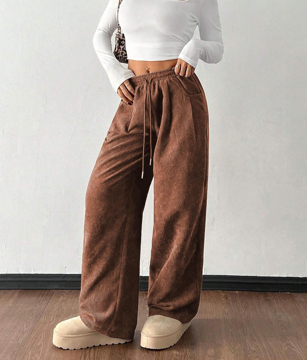 High Waist Corduroy Wide Leg Trousers - Brown - 2