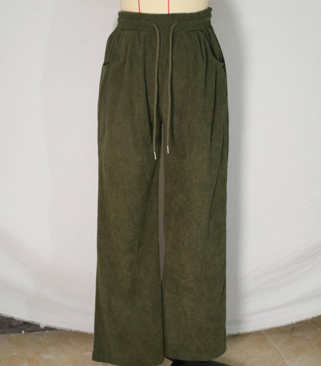 High Waist Corduroy Wide Leg Trousers - Green