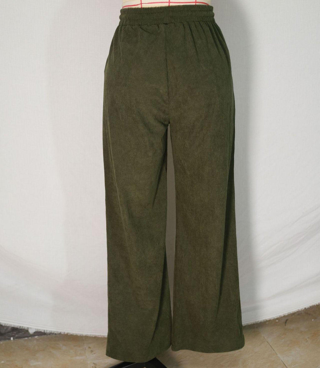 High Waist Corduroy Wide Leg Trousers - Green - 2
