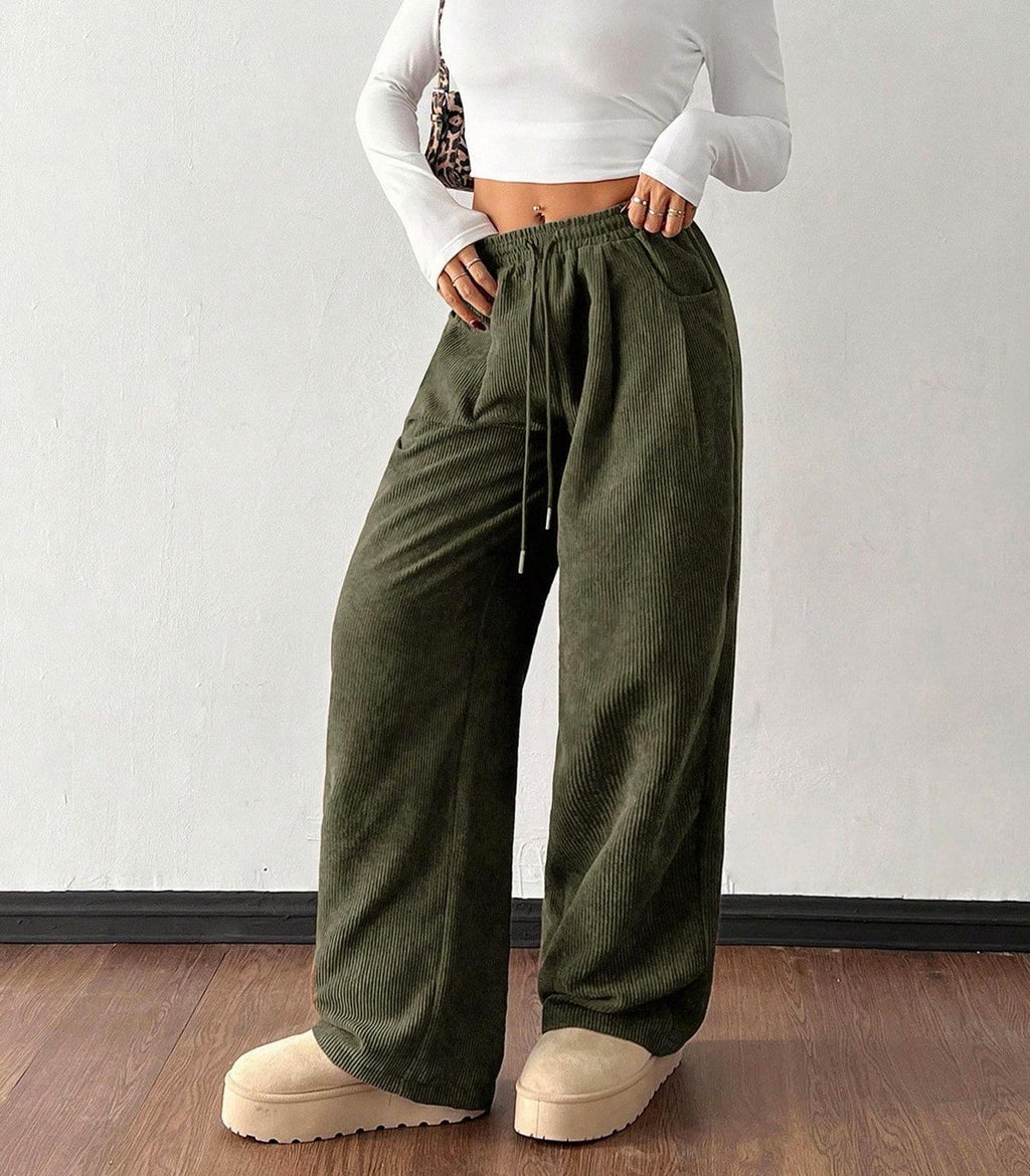 High Waist Corduroy Wide Leg Trousers - Green - 3