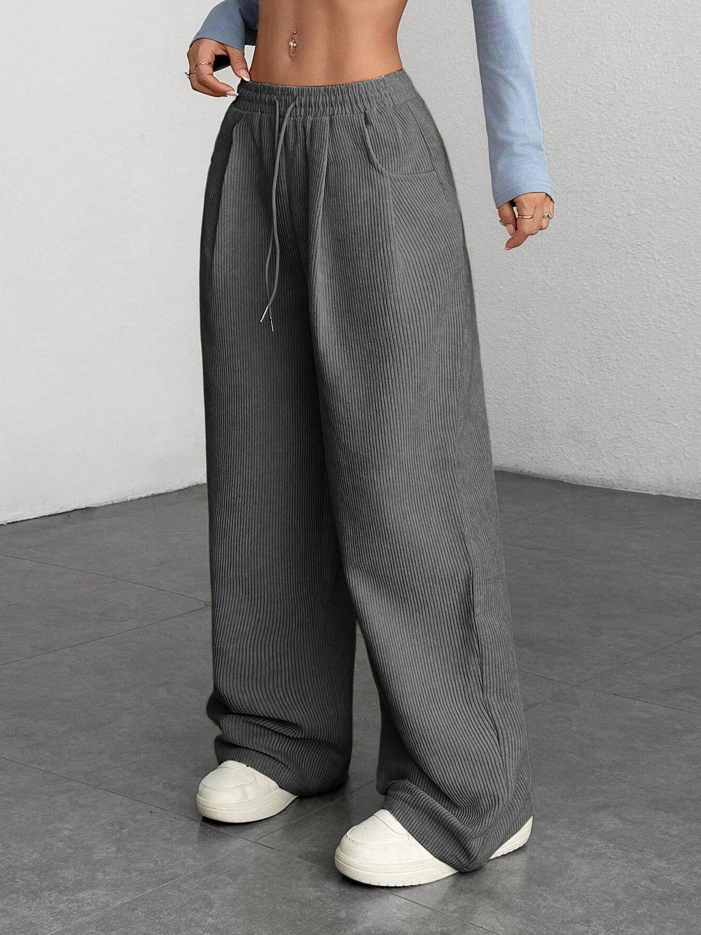 High Waist Corduroy Wide Leg Trousers - Grey - 1