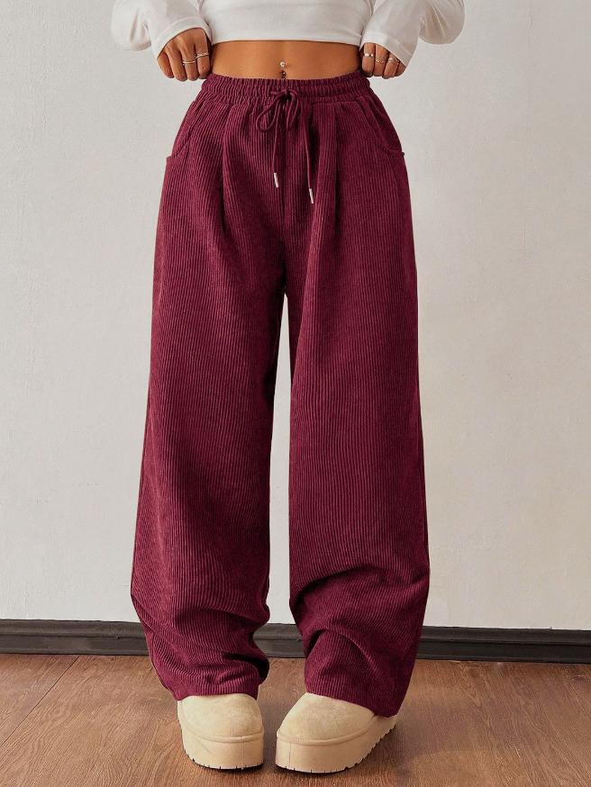 High Waist Corduroy Wide Leg Trousers - Red - 1