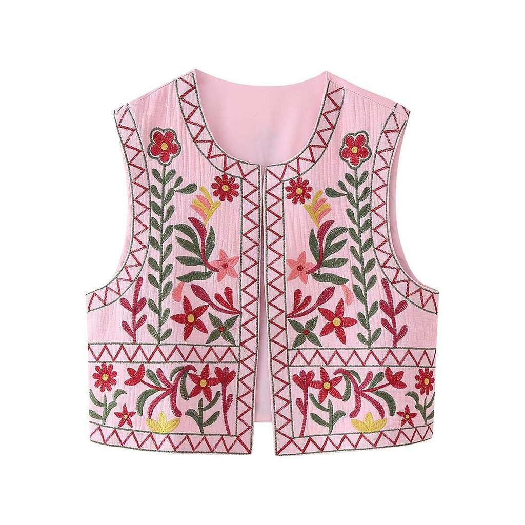 Floral Embroidered Sleeveless Cropped Cardigan - Pink