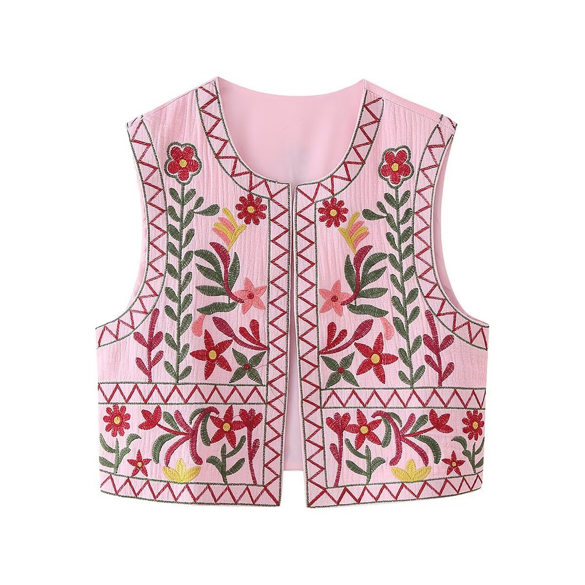 Floral Embroidered Sleeveless Cropped Cardigan - Pink