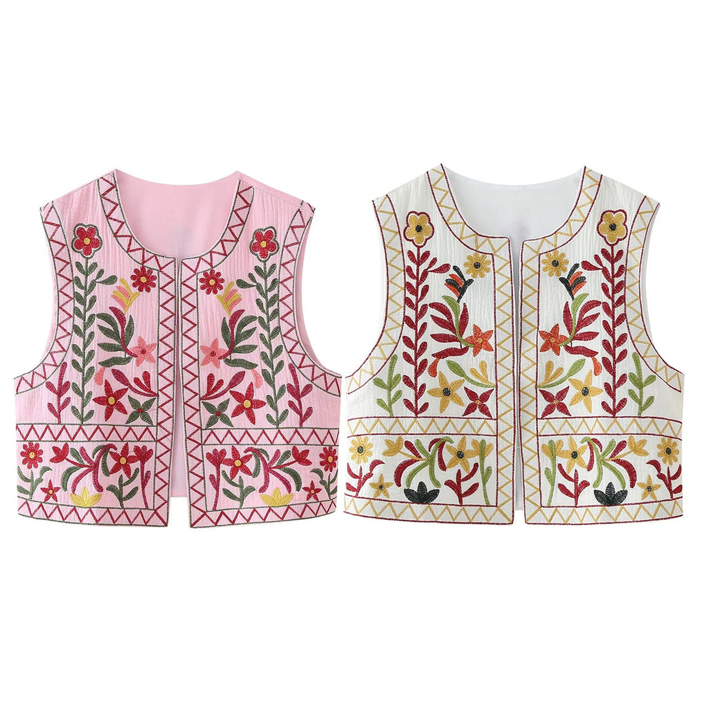 Floral Embroidered Sleeveless Cropped Cardigan - Pink - 2