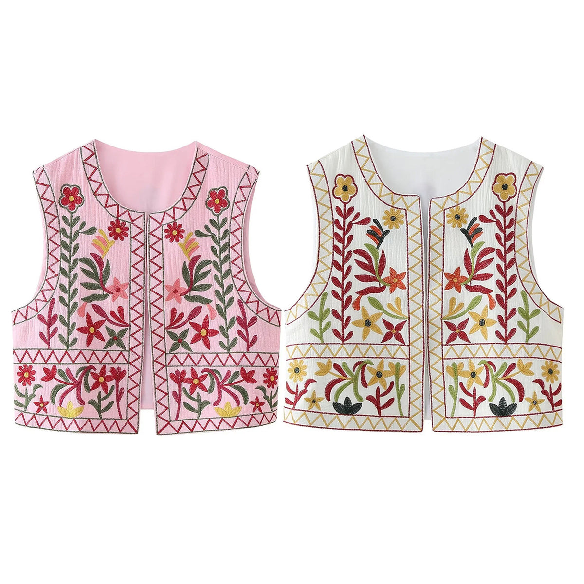 Floral Embroidered Sleeveless Cropped Cardigan - Pink - 2