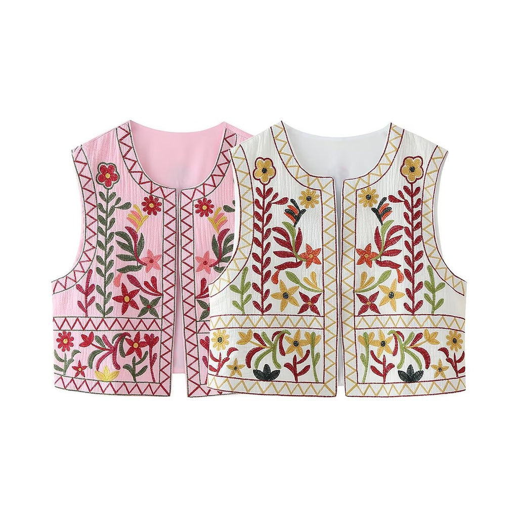 Floral Embroidered Sleeveless Cropped Cardigan - Pink - 3