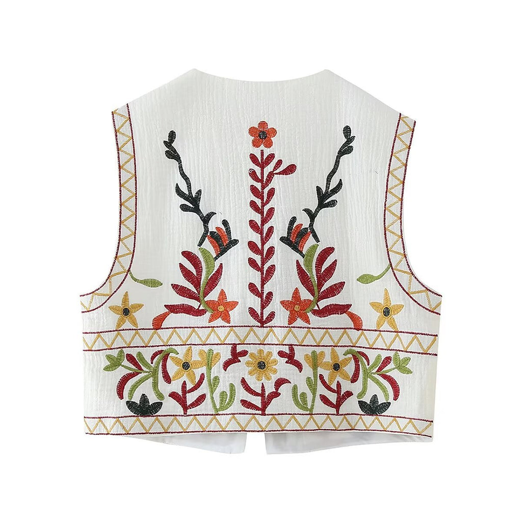 Floral Embroidered Sleeveless Cropped Cardigan - White - 1